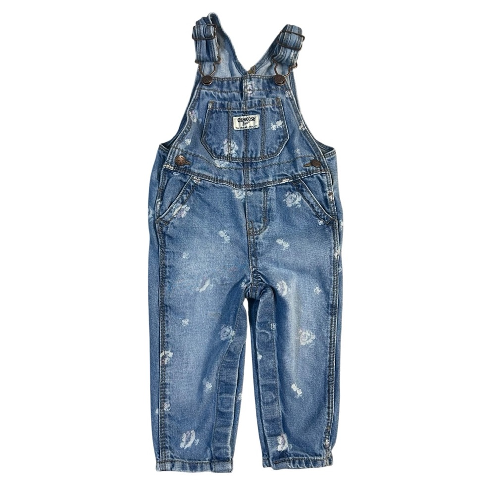 Oshkosh Bgosh Denim Bib Overalls Floral Cotton Size 12M Button Snap Leg